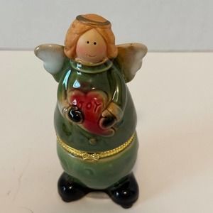 Greenbrier Int Porcelain Christmas Angel w/Heart of Joy, Trinket Box Holiday